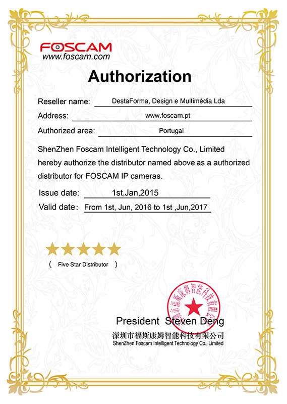 Certificado de autorização de revenda Foscam Certificado Foscam